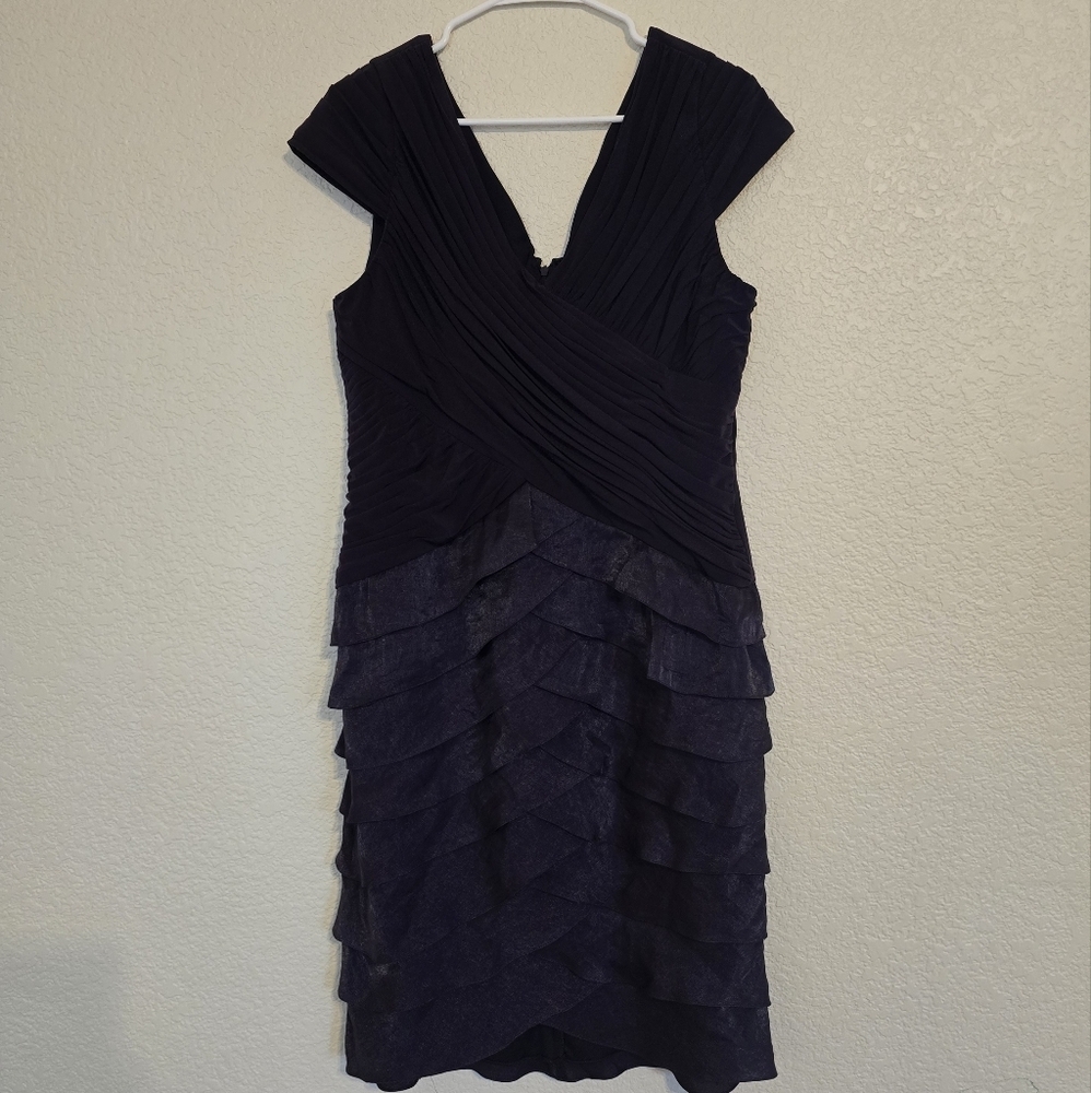 Adrianna Papell Pleated Ruffle Cap Sleeve Deep Purple Midi Dress size 14
